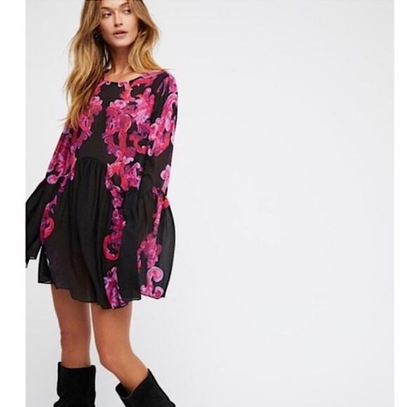 Free People Printed Symphony Sheer Slip Tunic Paisley Bell Sleeve Dress - Picture 10 of 10